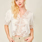 Lace Trim Puff Sleeve Button Blouse: BLACK
