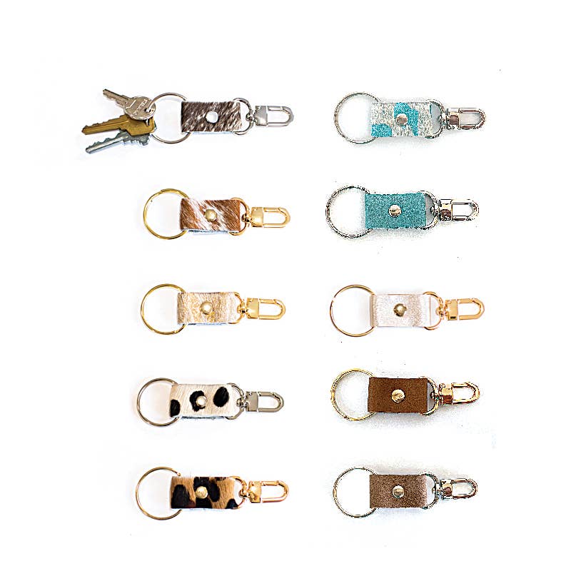 Key Chain In Leather, Hair on Hide: Brown/White