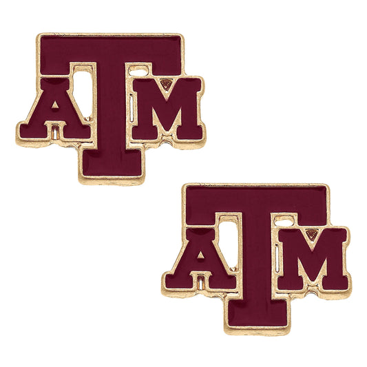 Texas A&M Aggies Enamel Logo Stud Earrings in Shiny Gold