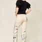 Lace Trim Puff Sleeve Button Blouse: BLACK