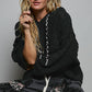 Oversize Fit V-neck Hooded Cable Knit Chenille Sweater  Black / L