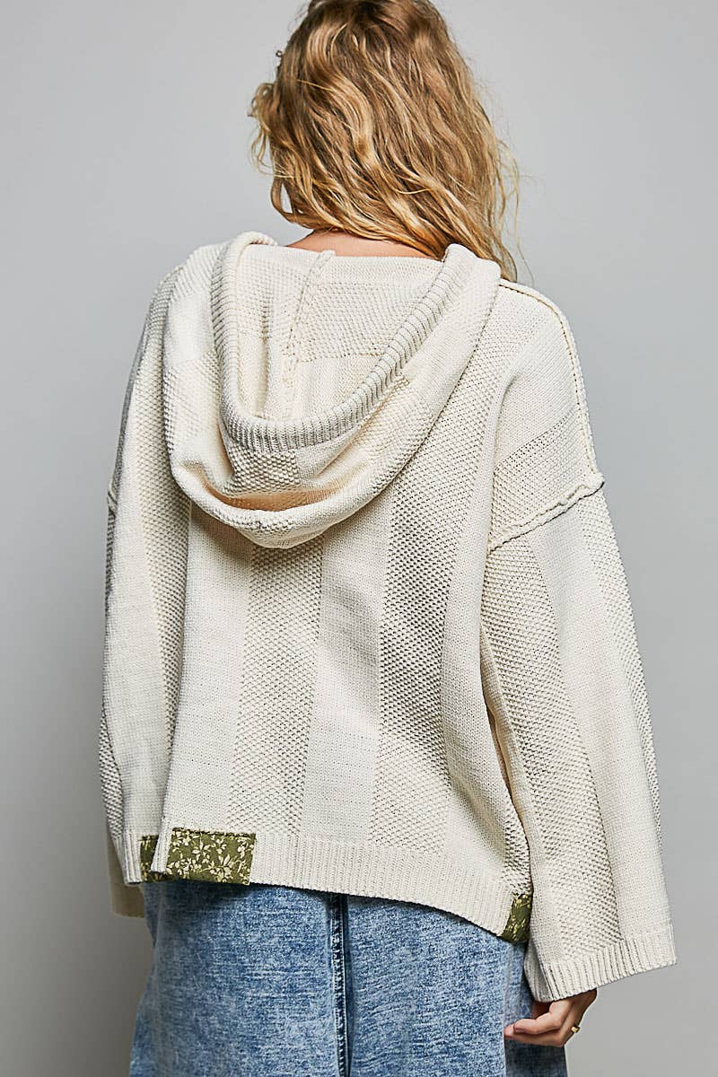 Floral Pearl Embroidered Gauze Patch Hoodie Chenille Sweater: POWDER CREAM / S