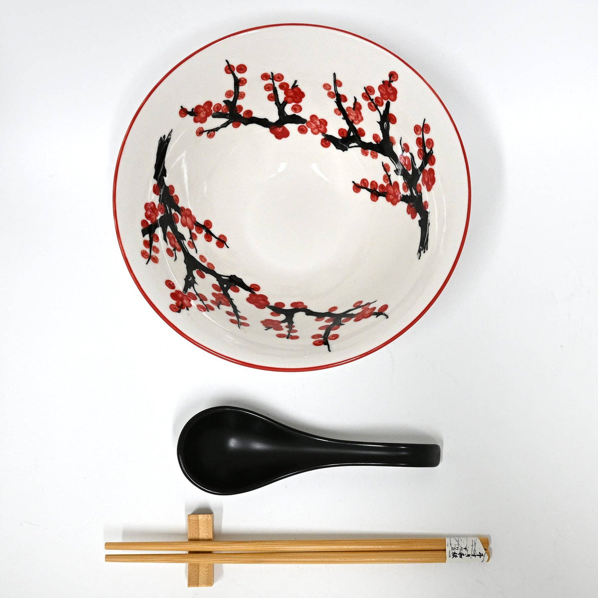 Sakura Porcelain Bowl Set with Chopsticks, Spoon and Rest (24 oz)
