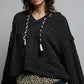 Oversize Fit V-neck Hooded Cable Knit Chenille Sweater  Black / L