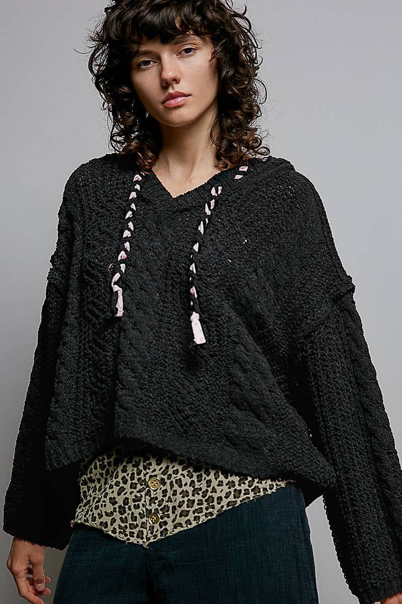 Oversize Fit V-neck Hooded Cable Knit Chenille Sweater  Black / L