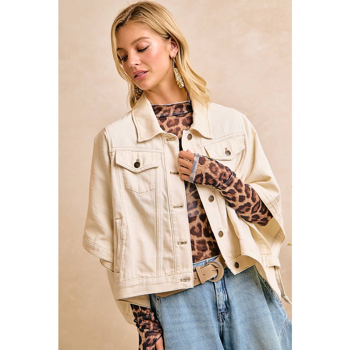 Preorder IVORY OVERSIZED CAPE SLEEVE CROPPED DENIM JACKET: IVORY