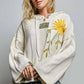 Floral Pearl Embroidered Gauze Patch Hoodie Chenille Sweater: POWDER CREAM / S