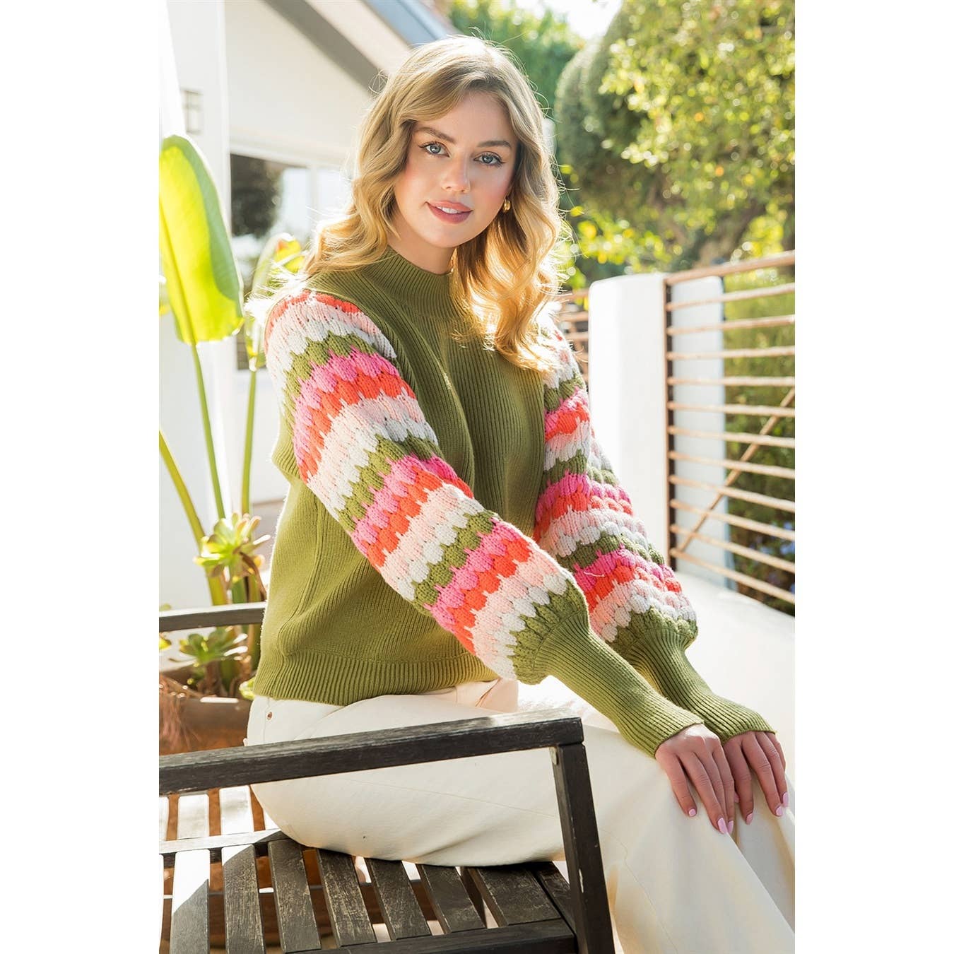 Knitted Bishop Sleeve Sweater: OLIVE