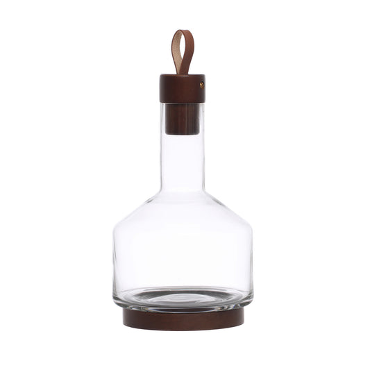 62 oz. Glass Carafe w/ Acacia Wood Base, Stopper & Leather Pull, Walnut Finish