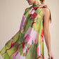 Mini Dress Ruffle Neck Tie Sleeveless Floral Print-Lime