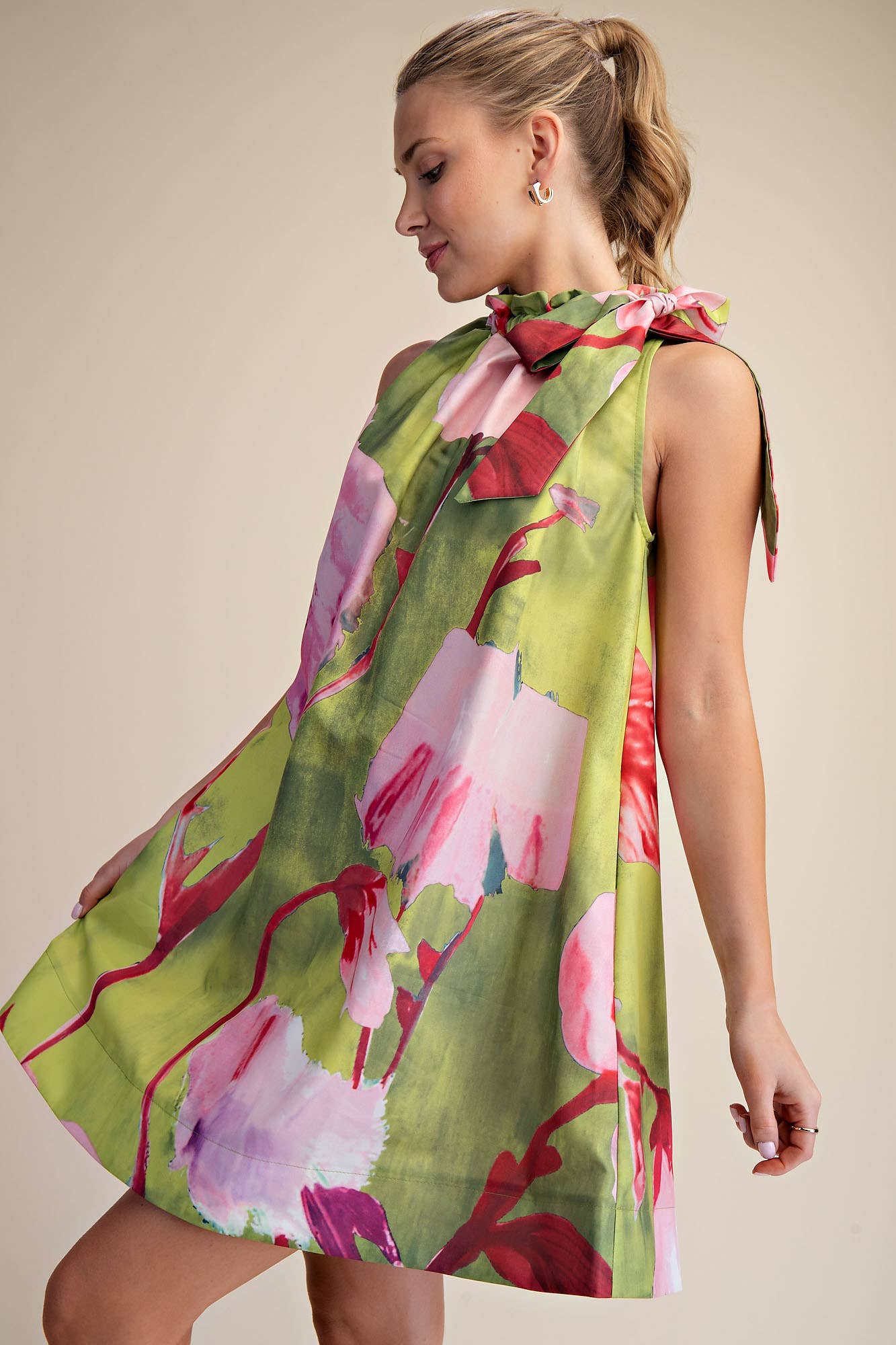 Mini Dress Ruffle Neck Tie Sleeveless Floral Print-Lime