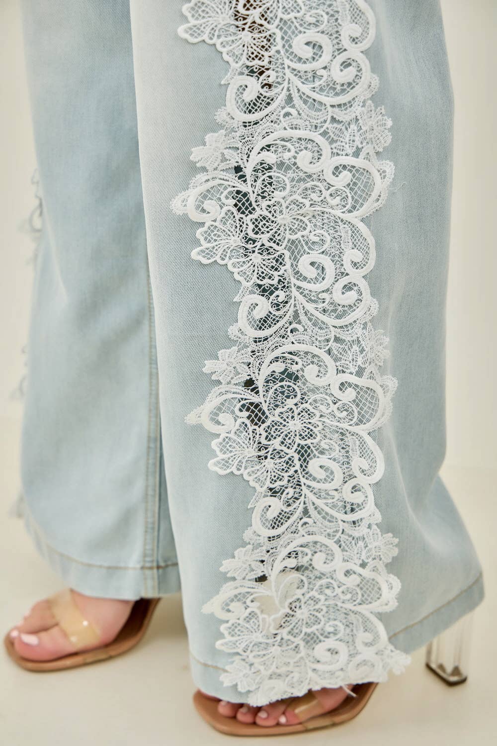Preorder Floral Lace Side-Panel Wide-Leg Jeans | Denim/White