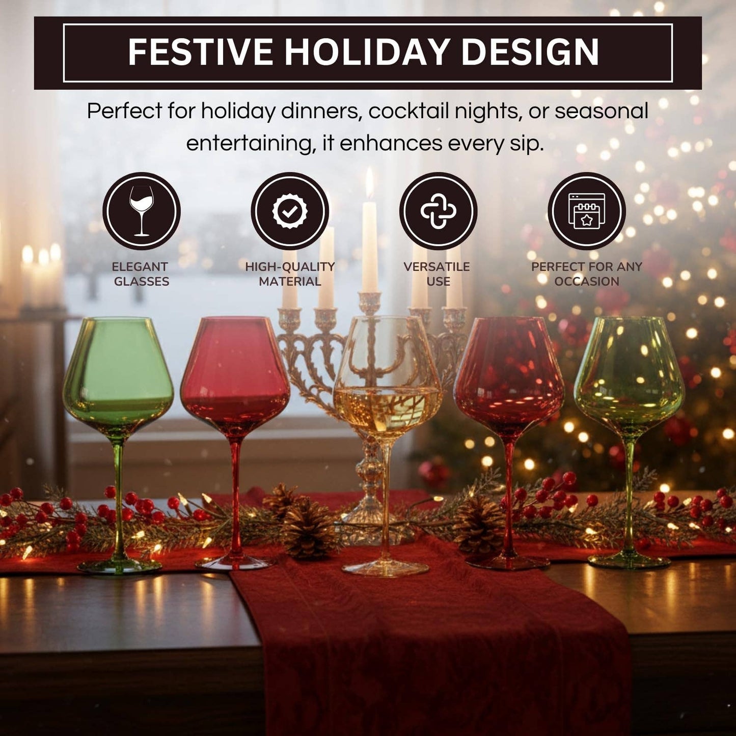 Christmas Holiday Wine Glasses Set of 5 – 20oz Goblets