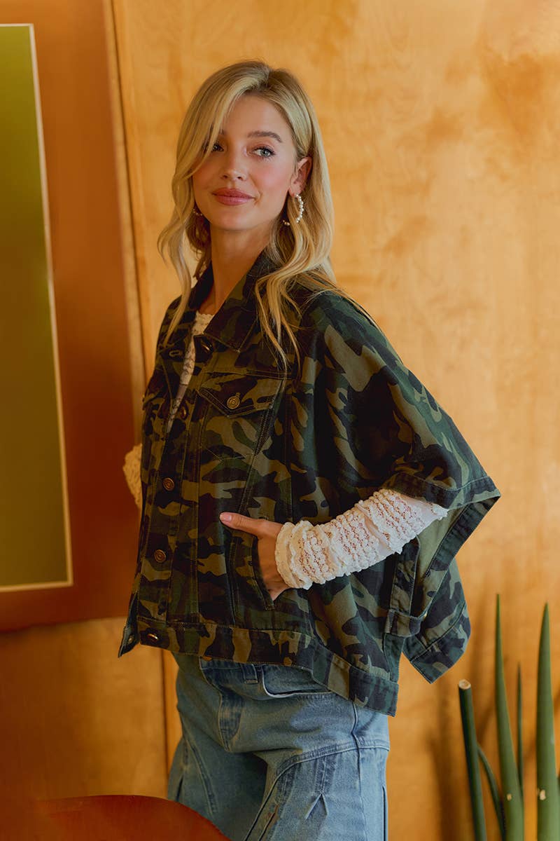 PREORDER WOMEN OVERSIZED CAPE SLEEVE DENIM TRUCKER JACKET: CAMOUFLAGE