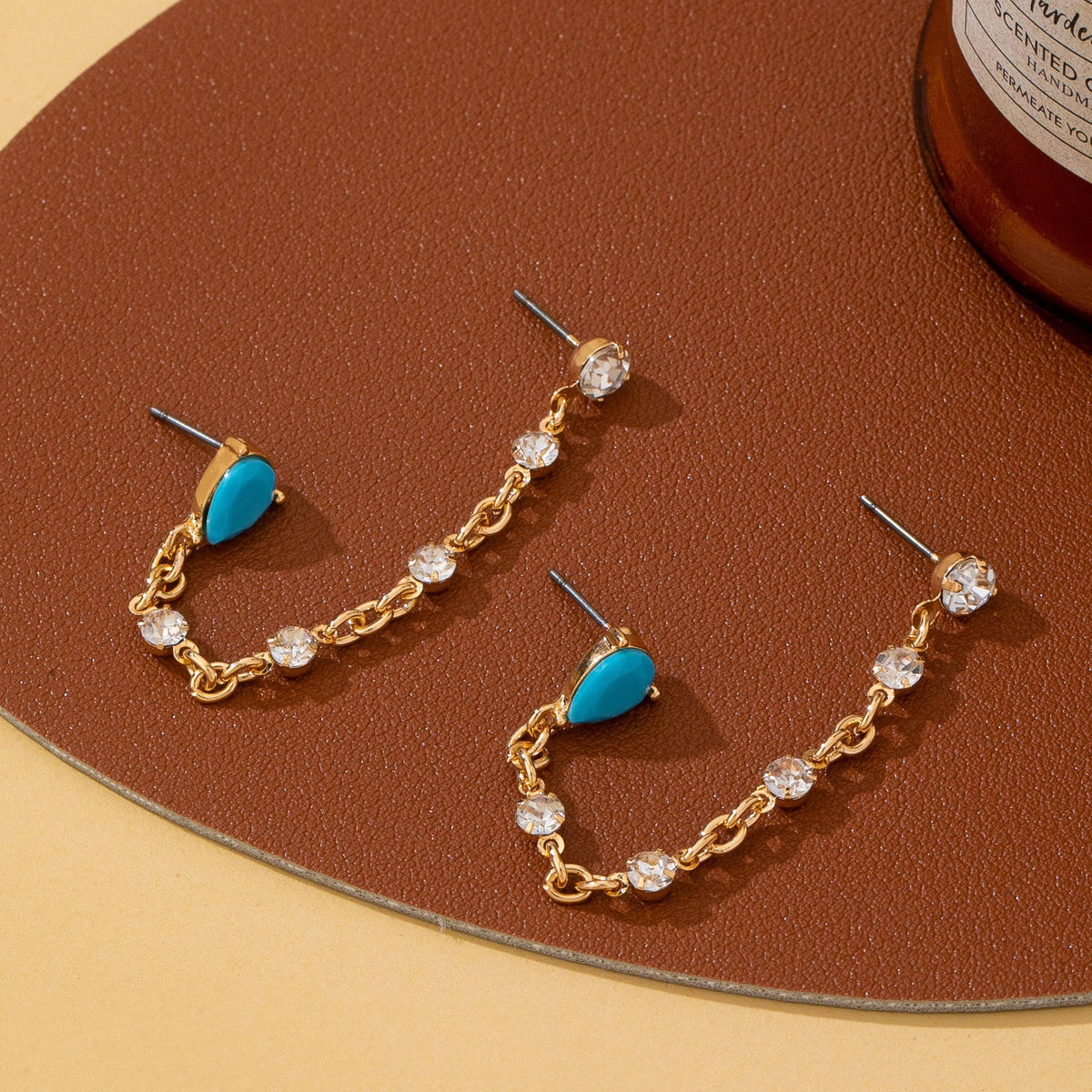Turquoise Crystal Chain Loop Earrings GOLD