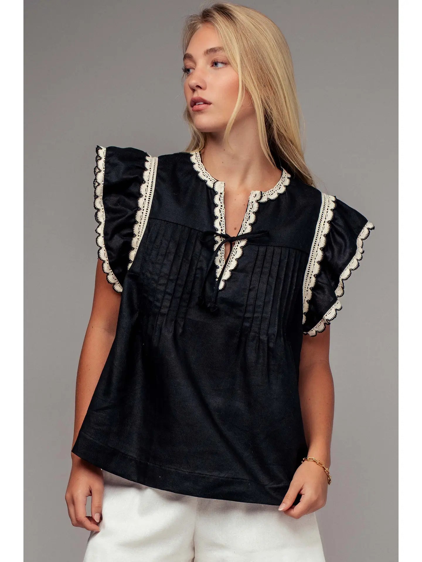 Lace Trim Pintuck Flutter Sleeve Blouse