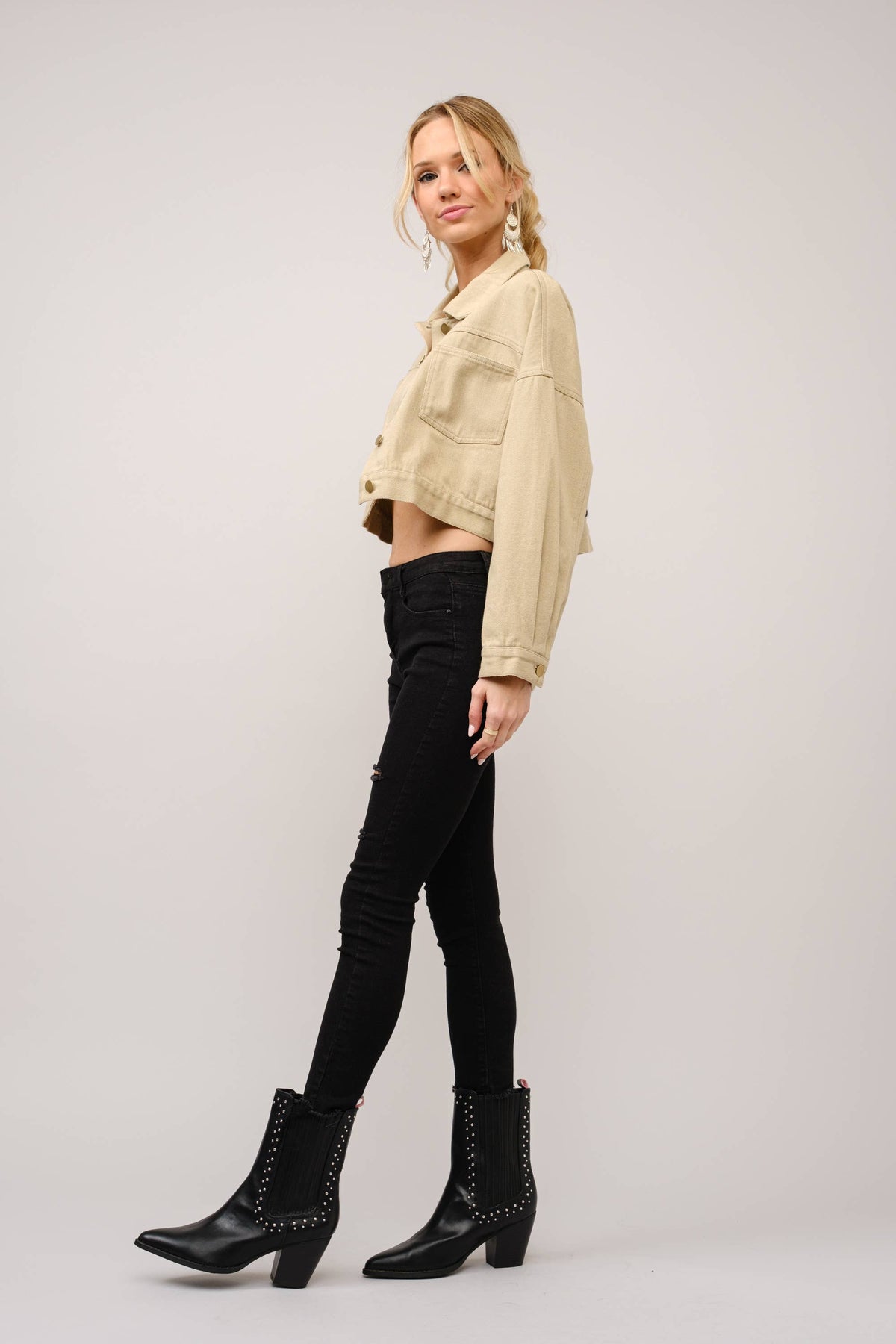 Long Live Cowgirls Patch Twill Denim Jacket: TAUPE