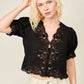 Lace Trim Puff Sleeve Button Blouse: BLACK