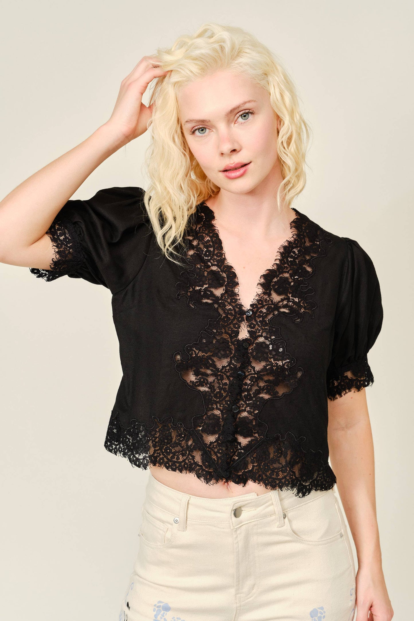 Lace Trim Puff Sleeve Button Blouse: BLACK