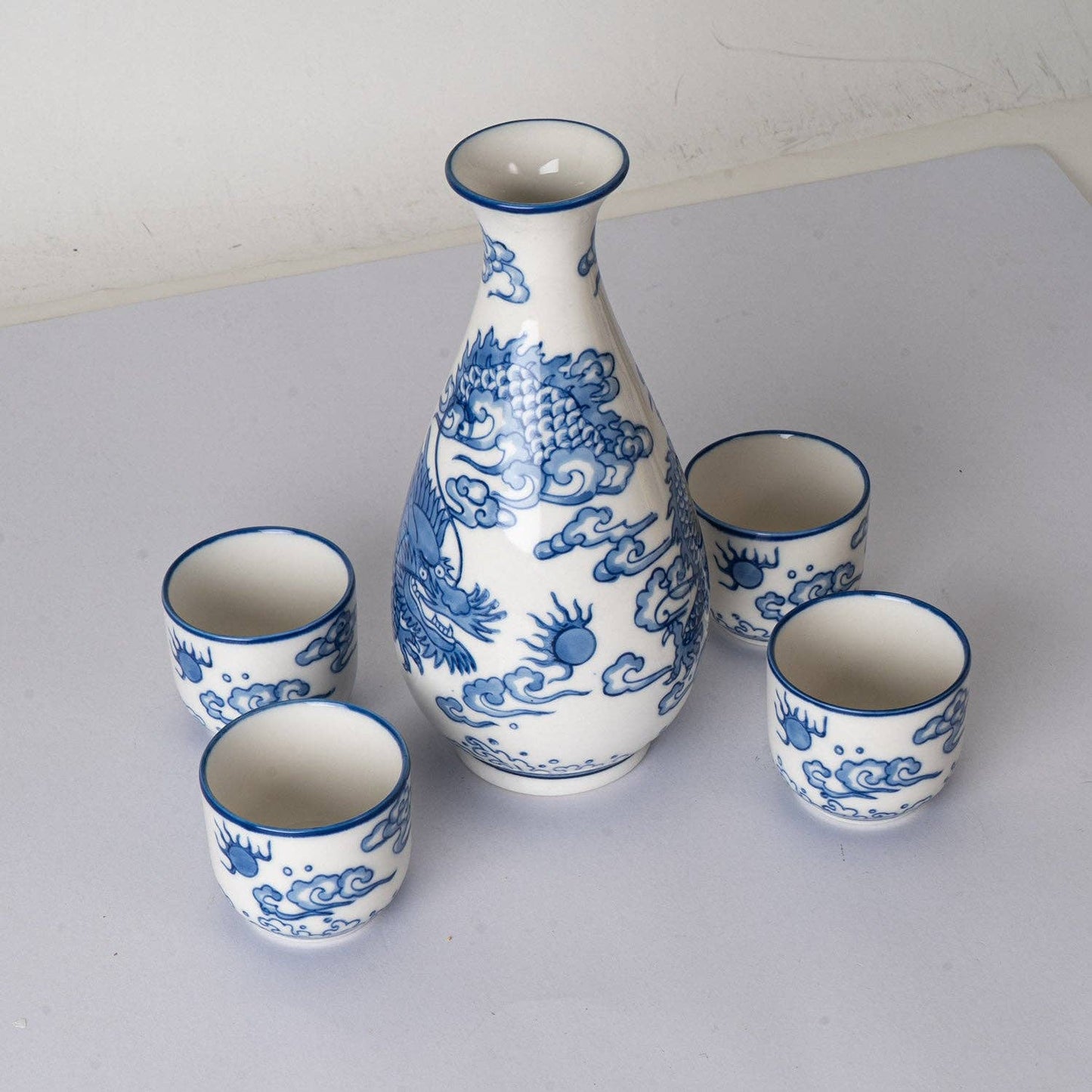 Ryu Dragon Porcelain Glazed 10 oz Sake Bottle and 4 Cups