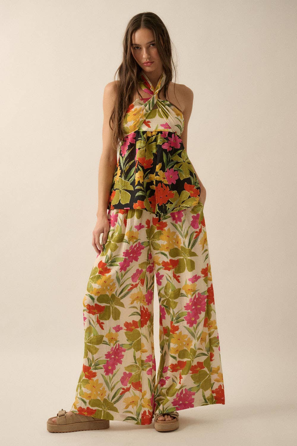 Floral-Print Wide-Leg Drawstring Pants