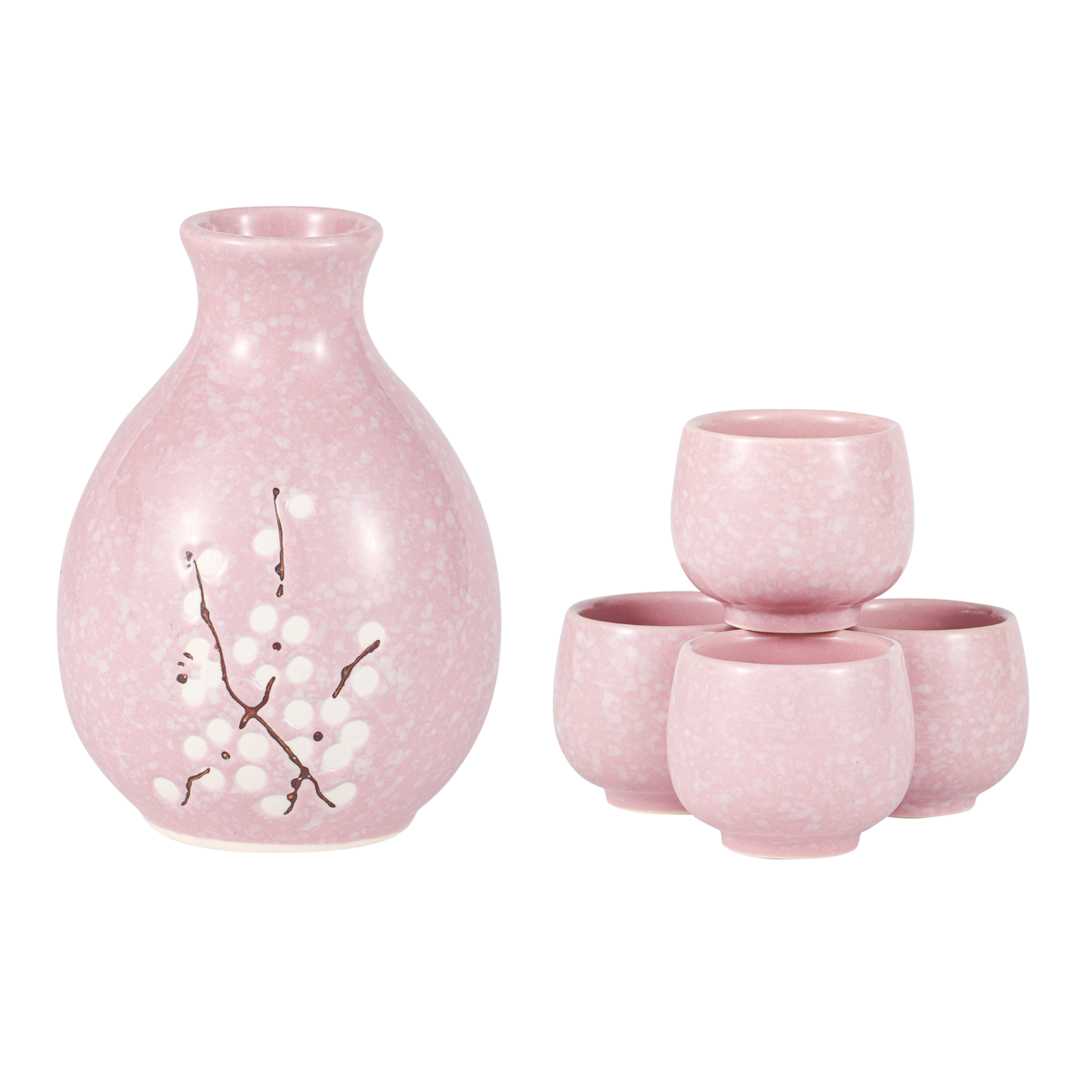 Pink Ume Plum Blossom Porcelain Glazed 9 oz Sake Bottle and 4 Cups Gift Set (1/24)