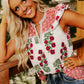 White Floral Print Contrast Striped Trim Flutter Cotton Blouse
