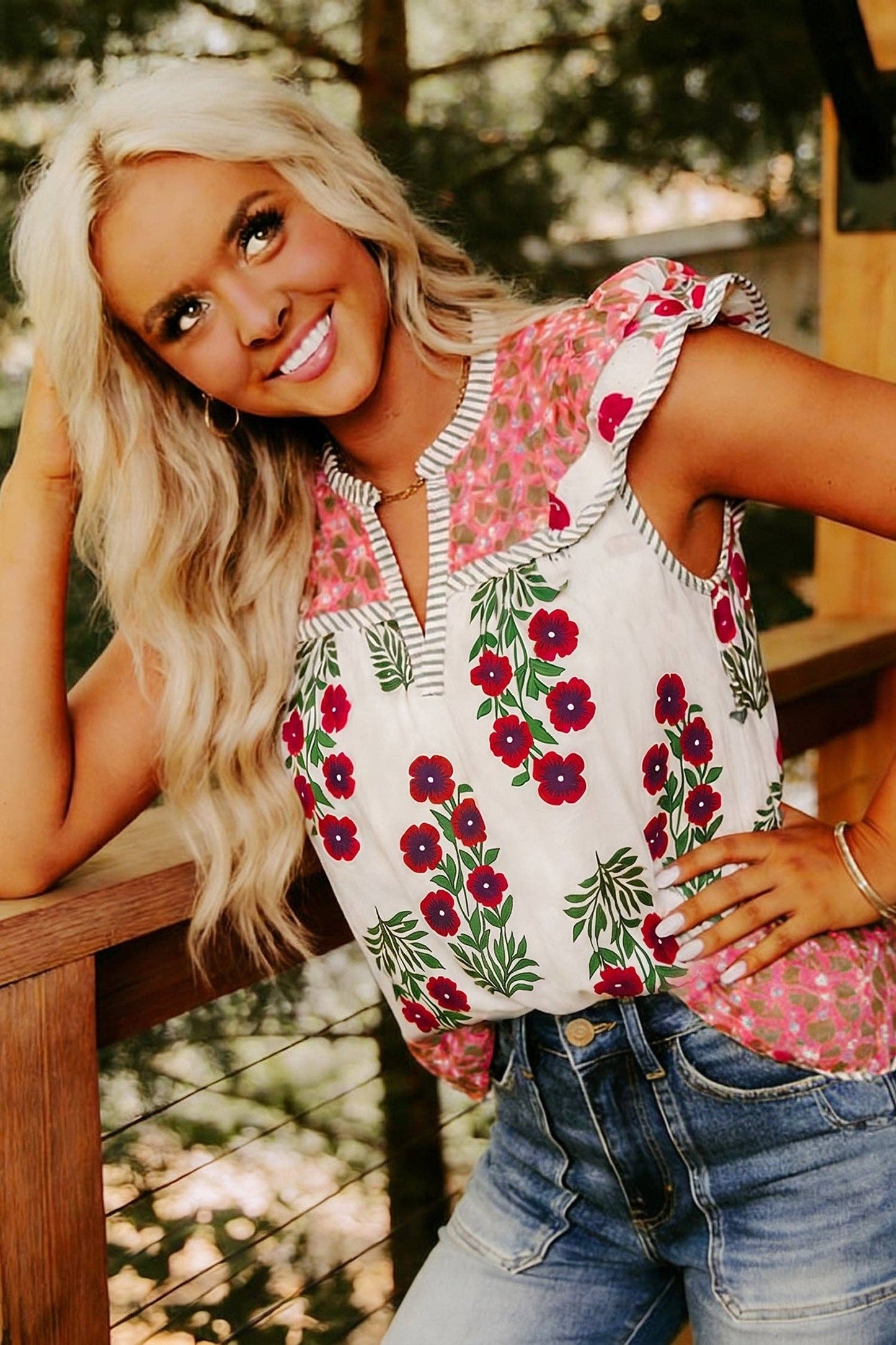 White Floral Print Contrast Striped Trim Flutter Cotton Blouse