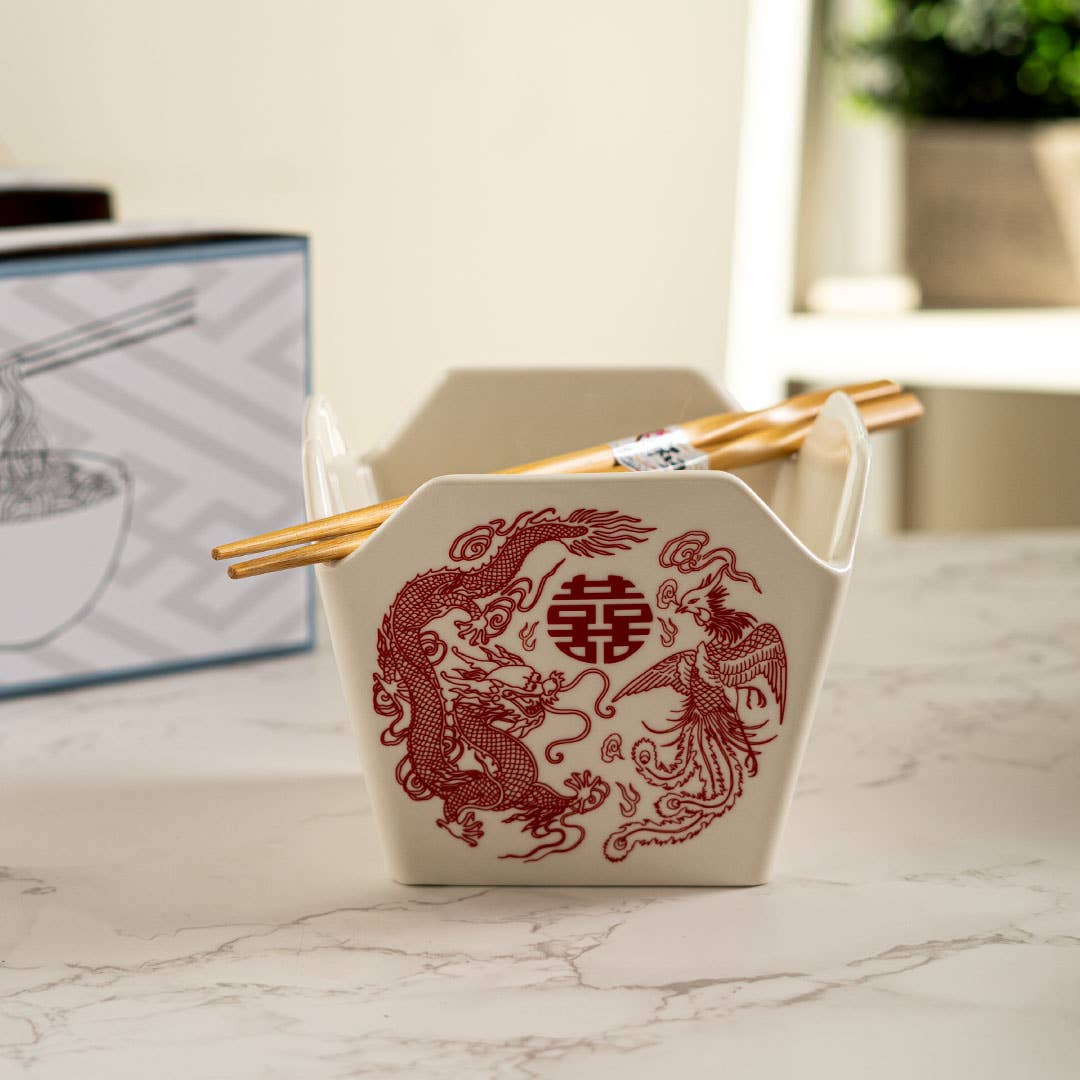 Phoenix Takeout Box Ceramic Serving Bowl with Chopsticks (16 oz)