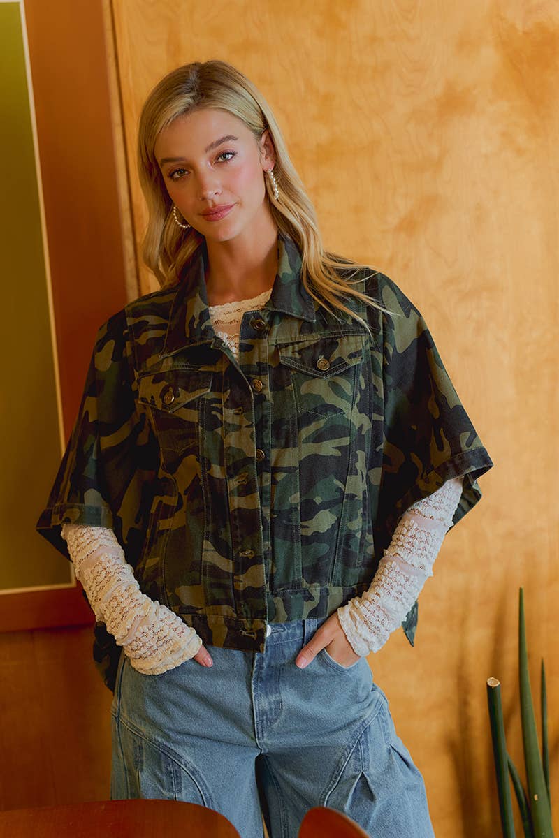 PREORDER WOMEN OVERSIZED CAPE SLEEVE DENIM TRUCKER JACKET: CAMOUFLAGE