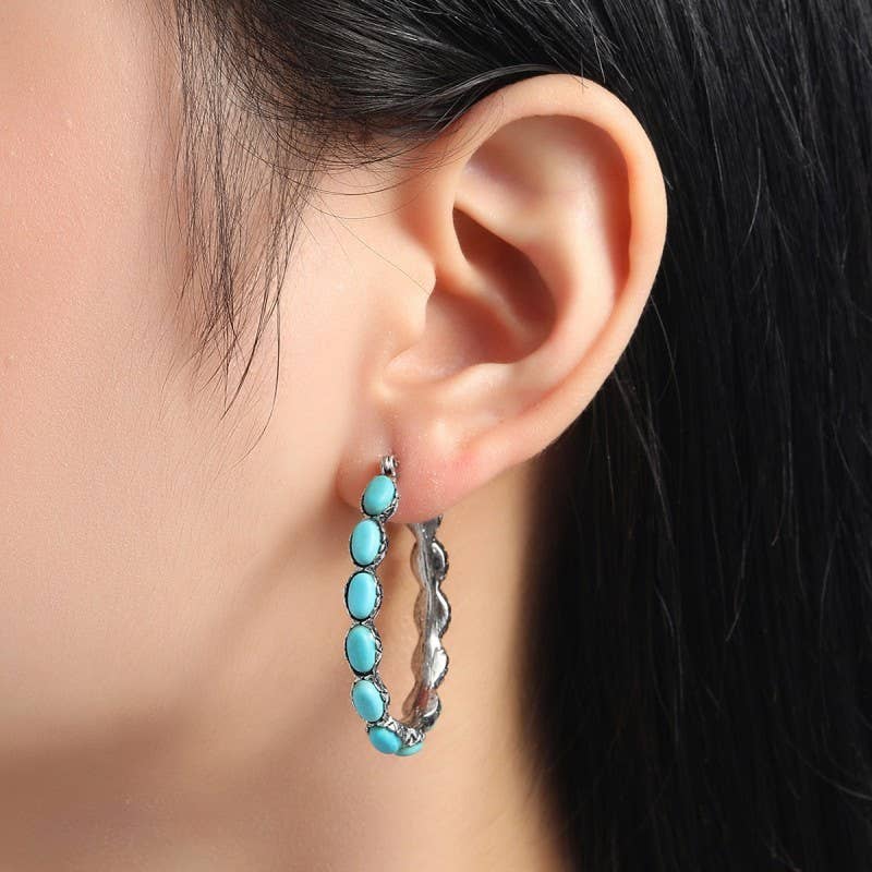 WESTERN TURQ STONE HOOP EARRINGS ROUND