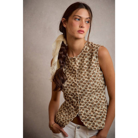 Floral Print Scallop Edge Button Down Vest