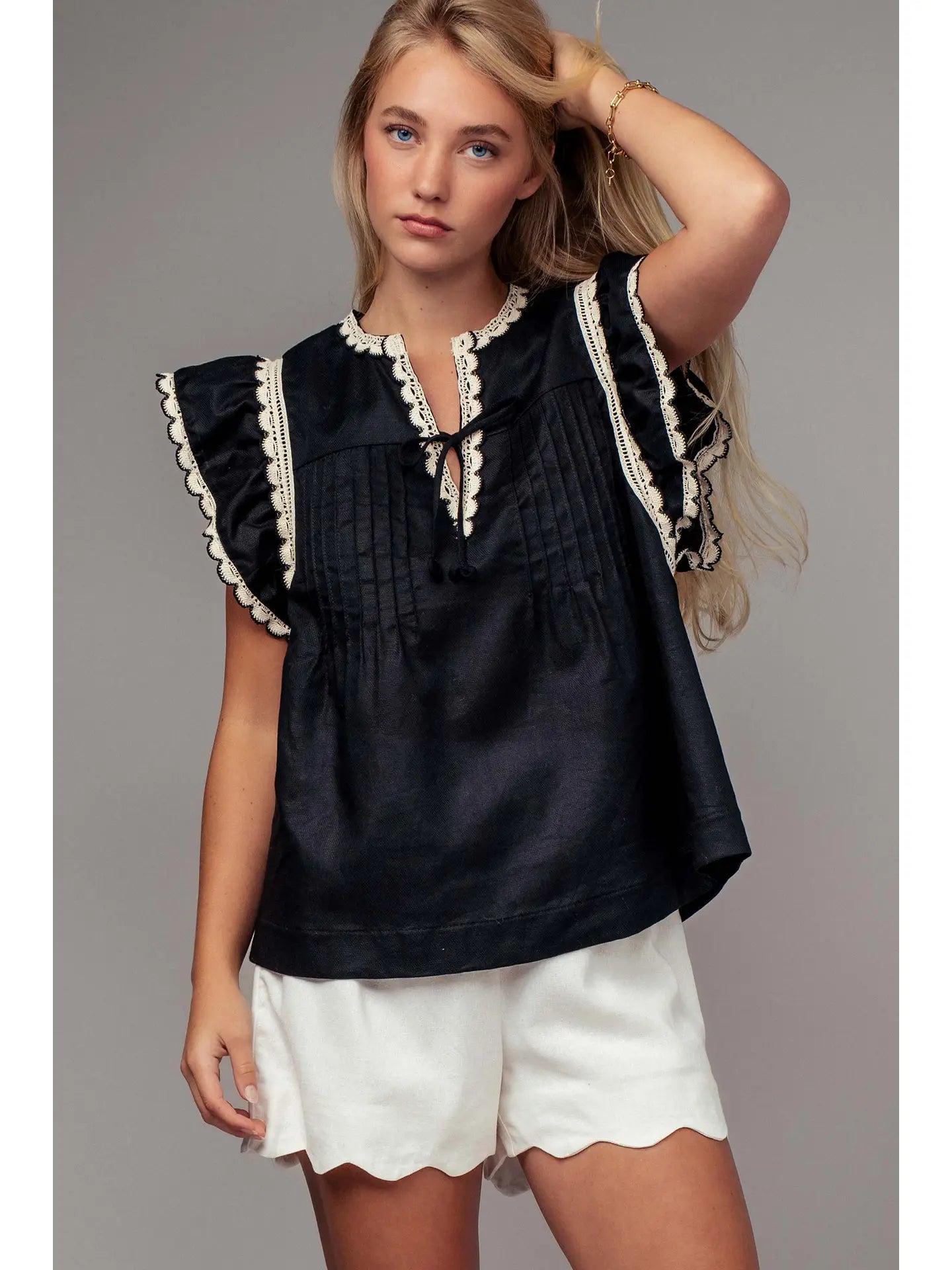 Lace Trim Pintuck Flutter Sleeve Blouse