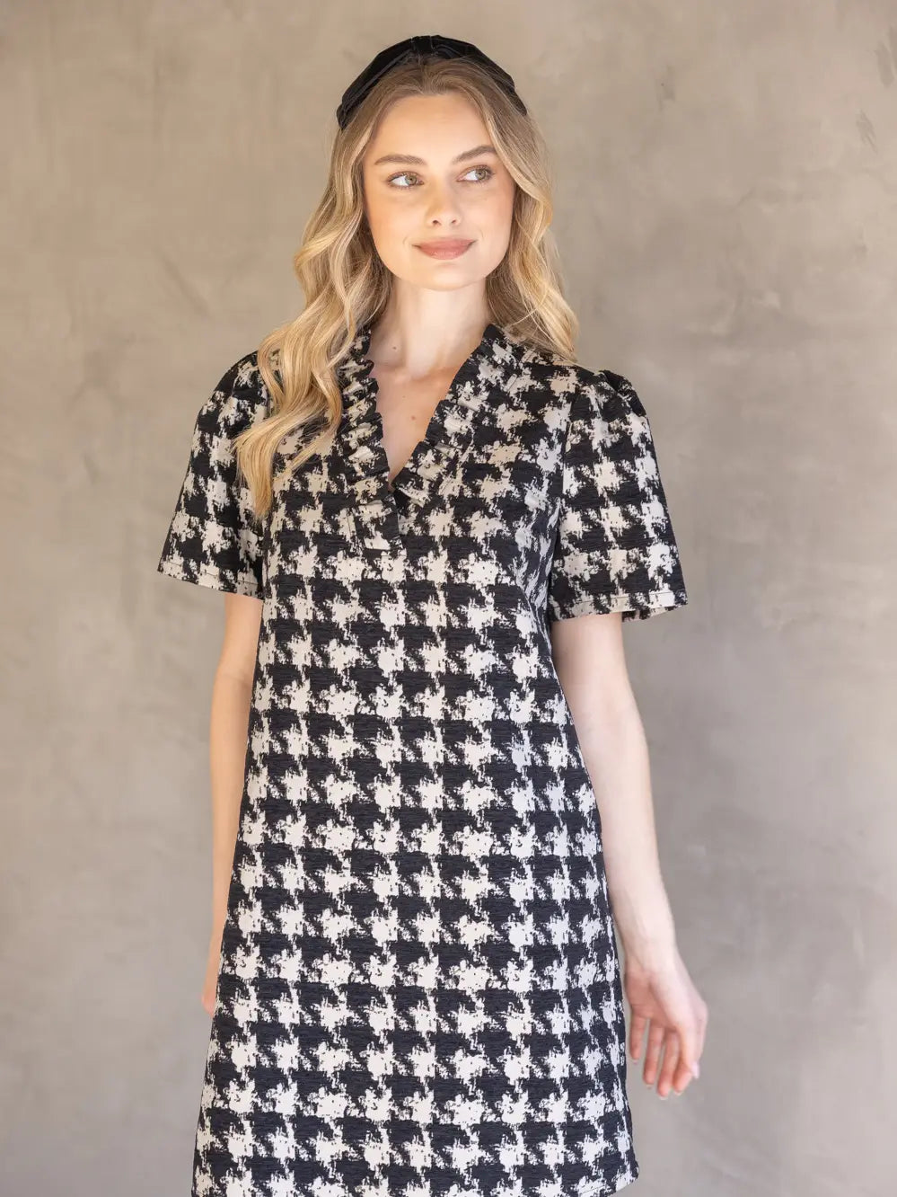 Ruffle  V Neck Houndstooth Dress