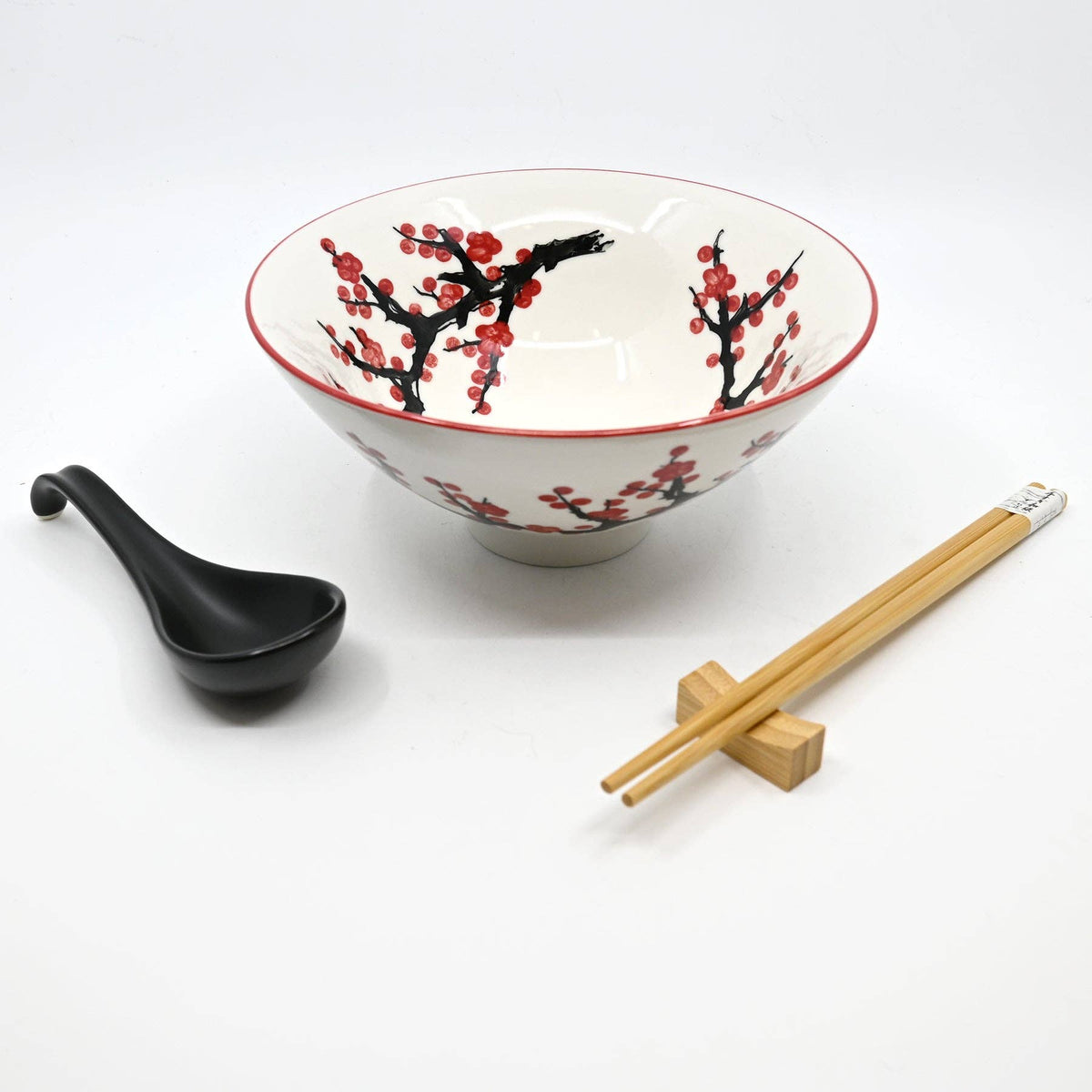 Sakura Porcelain Bowl Set with Chopsticks, Spoon and Rest (24 oz)