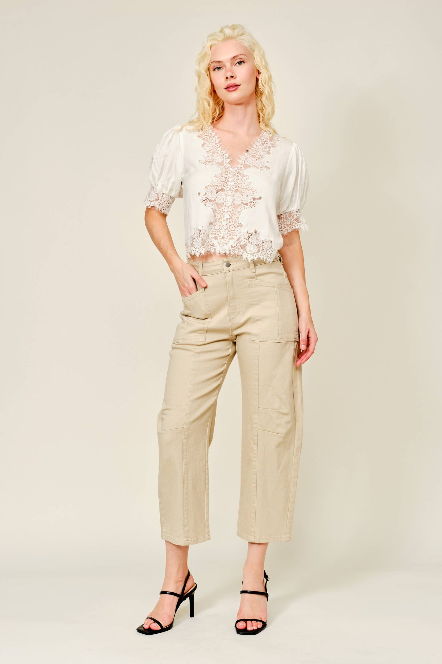 Lace Trim Puff Sleeve Button Blouse: BLACK