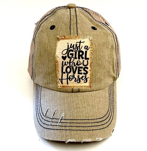 JUST A GIRL WHO LOVES HORSES DISTRESSED TRUCKER HAT: BLING / BLACK
