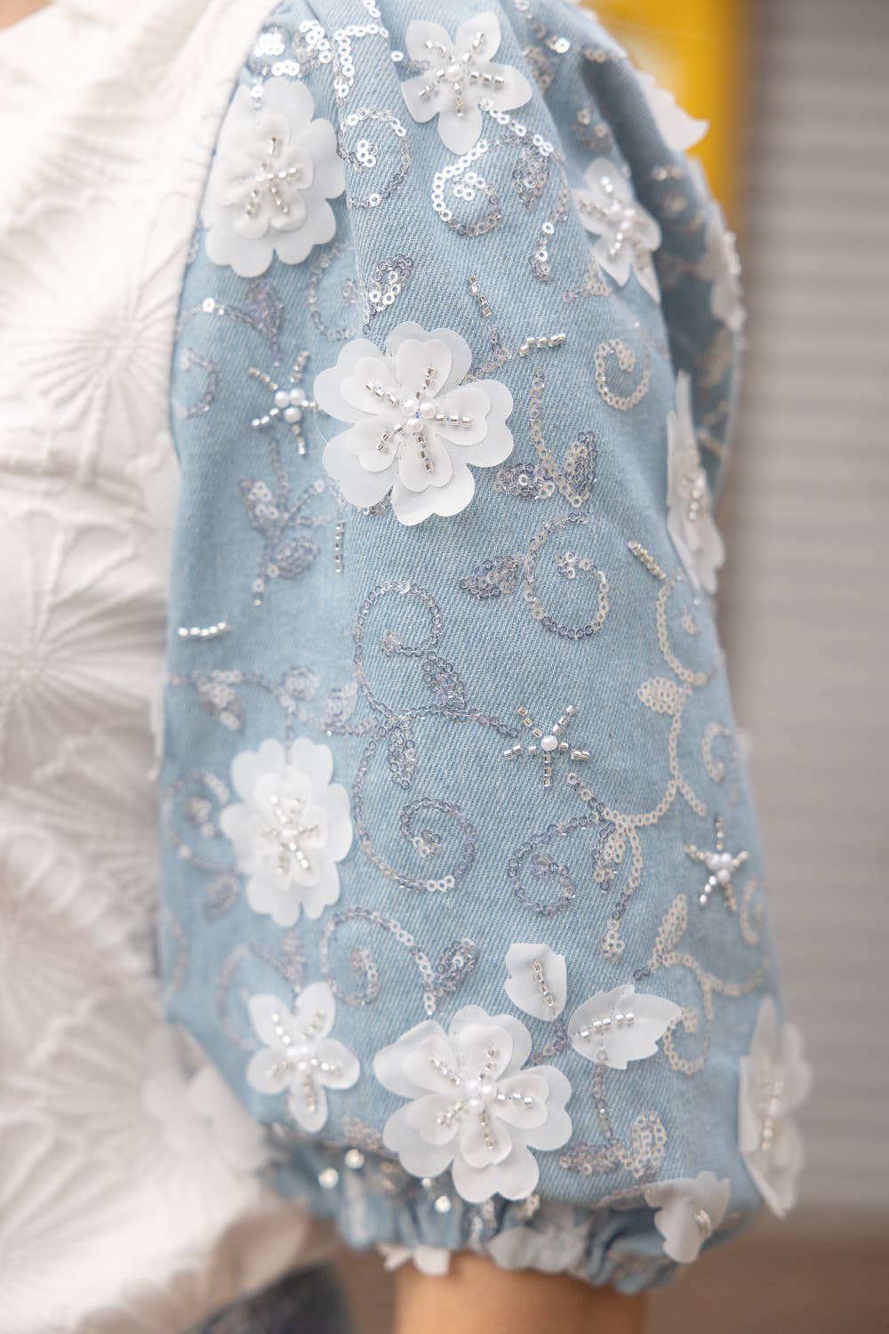 3-D Floral Contrast Sleeve Texture Top