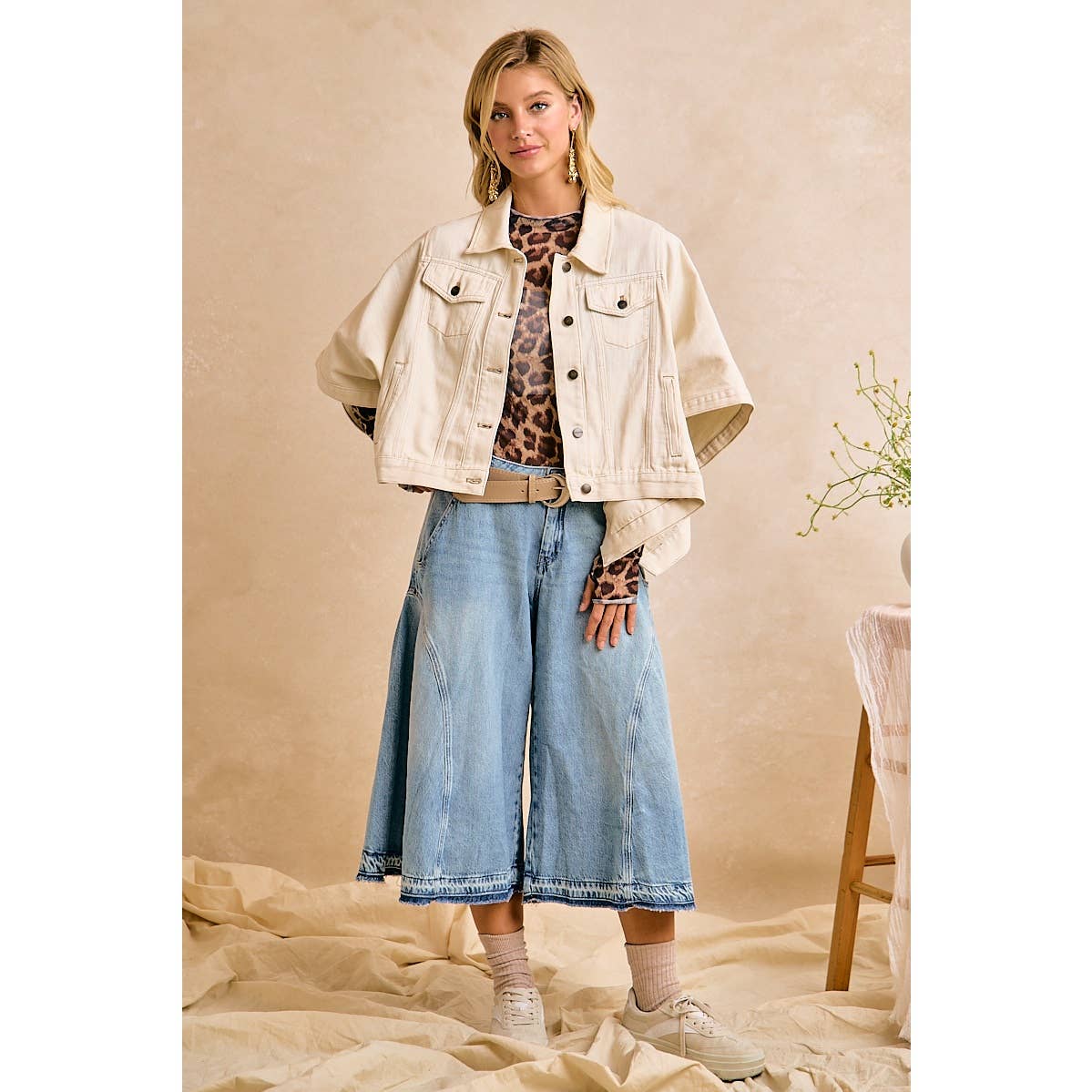 Preorder IVORY OVERSIZED CAPE SLEEVE CROPPED DENIM JACKET: IVORY