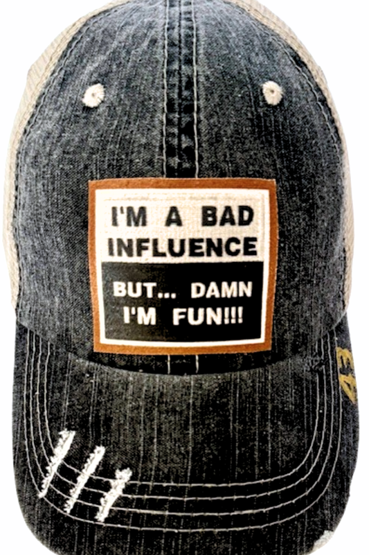 "I'M A BAD INFLUENCE" DISTRESSED TRUCKER HAT: BLING / BLACK