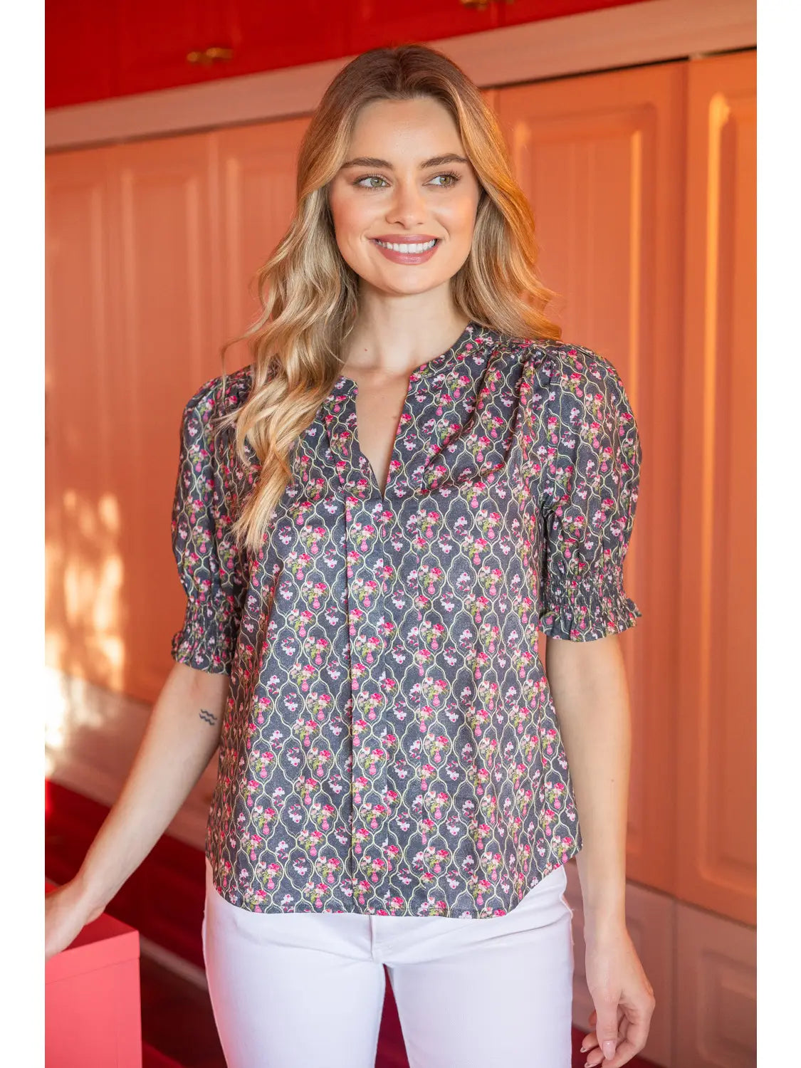 Smocked Short Puff Sleeve Floral Top