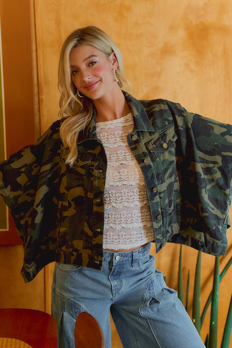 PREORDER WOMEN OVERSIZED CAPE SLEEVE DENIM TRUCKER JACKET: CAMOUFLAGE