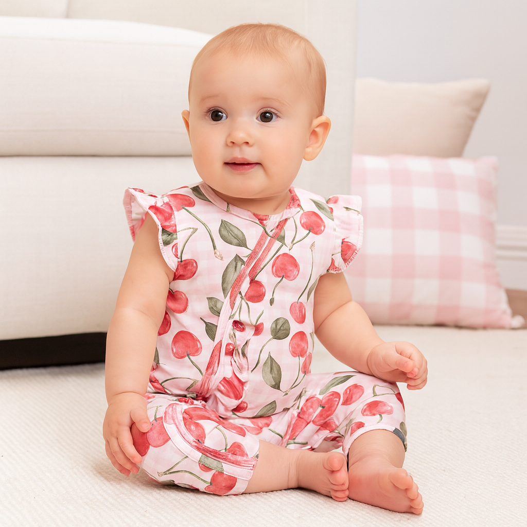 Cherry Picnic Baby Girl Romper – Soft Bamboo Zipper Pajamas