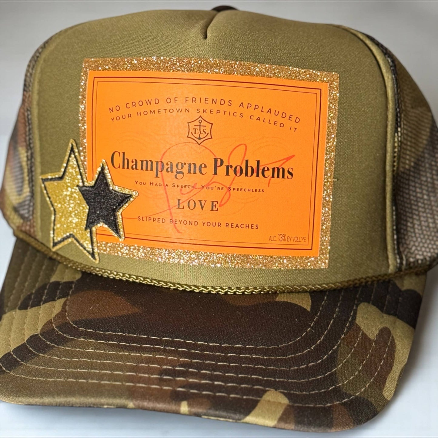 "Champagne Problems" Camo Glitter Trucker Hat : Dark Camo - No Gold Star Patch