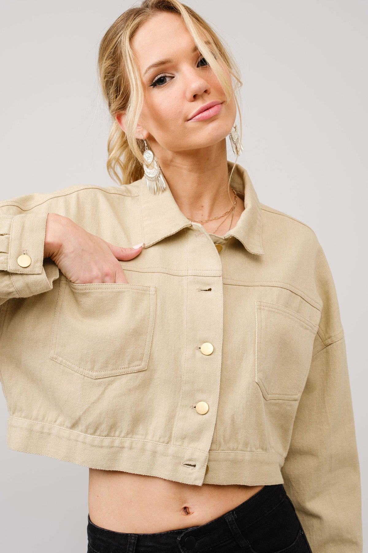 Long Live Cowgirls Patch Twill Denim Jacket: TAUPE