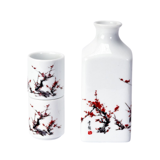 Cherry Blossom Porcelain Sake Gift Set with Bottle and 2 Cups