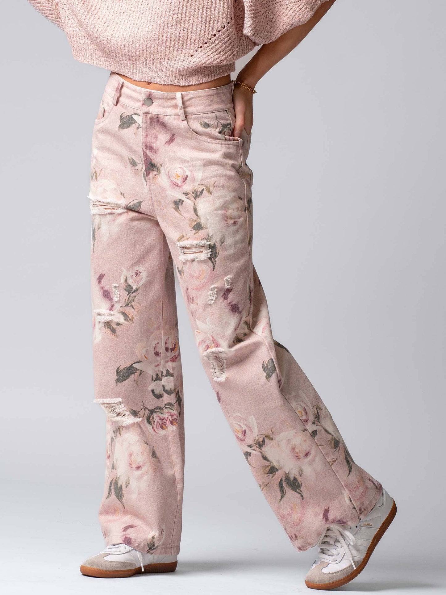 Rose Print High-Rise Denim Pants