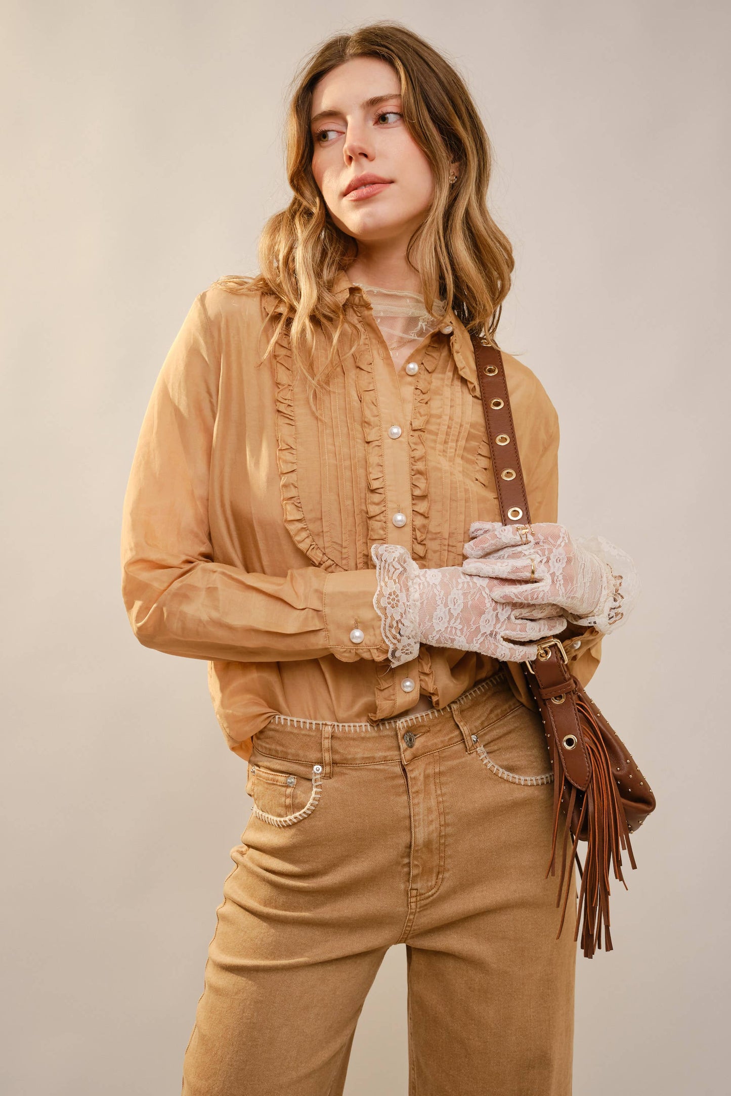 Ruffle Pleated Pearl Button Blouse