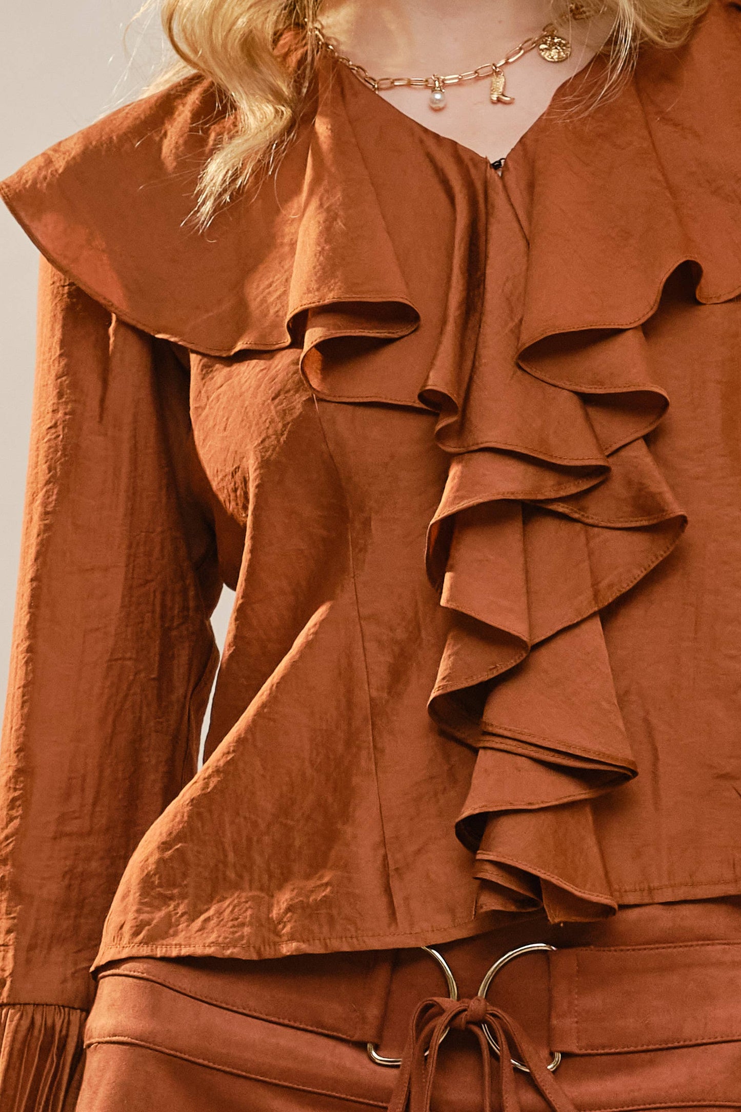 Khaki Pleated Ruffle Detail Blouse