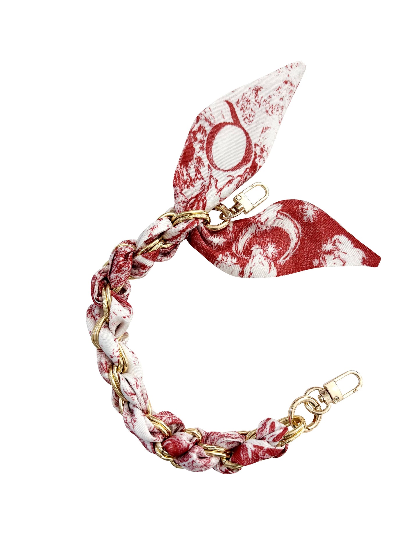 Gold Phone Chain with Scarf Red and Ivory Print- Short DDD